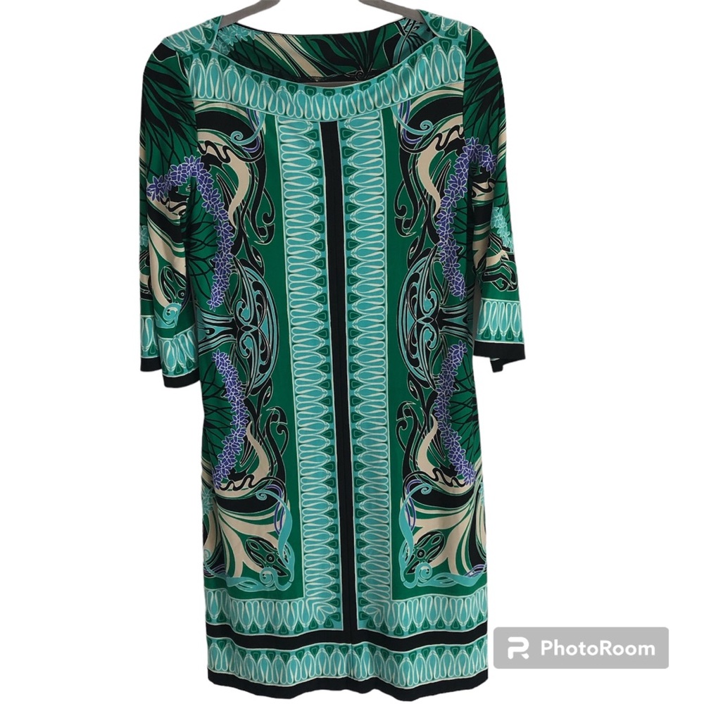 DONNA MORGAN Retro inspired shift dress. Geometric pattern. Size 10